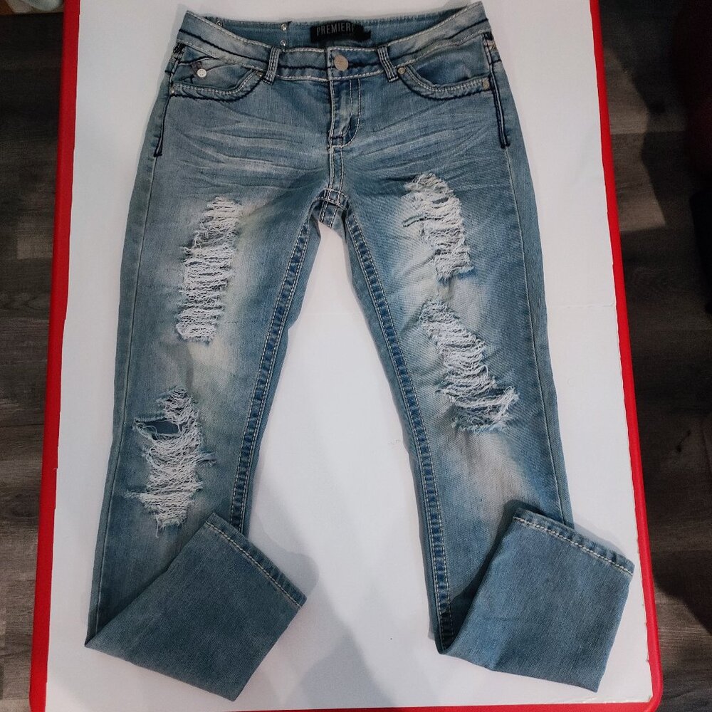 Premiere by rue21 jeans hard washed distressed ripped blue women's size 7/8 R